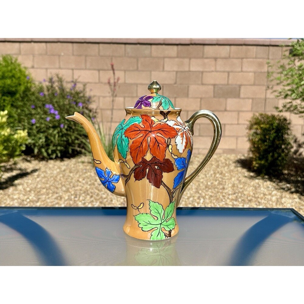 VTG Japanese Porcelain Tea Coffee Pot Vibrant Autum Leaf Gilt Trim Lusterware